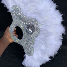 Load image into Gallery viewer, Bold Elegant Gold White Feather Bridal wedding African Bag Hand fan - FF005