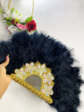 Load image into Gallery viewer, Black color Luxury Bridal Apparel’s Feather Hand Made African Bridal fan - FF007