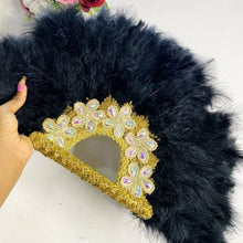Load image into Gallery viewer, Black color Luxury Bridal Apparel’s Feather Hand Made African Bridal fan - FF007
