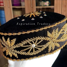 Load image into Gallery viewer, Hand Beaded Black Igbo Traditional Wedding Velvet Fabric Hard Hat - AWC011
