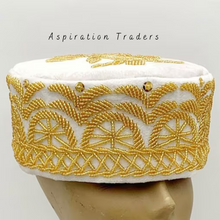Load image into Gallery viewer, Elegant White Gold Beaded Velvet Fabric African Wedding Hat - AWC012