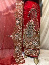 Load image into Gallery viewer, Red Heavy Beaded Designer Net Lace George wrapper Set - NLDG157