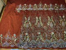 Load image into Gallery viewer, Burnt Orange Heavy Beaded Designer Net Lace George wrapper Set - NLDG156