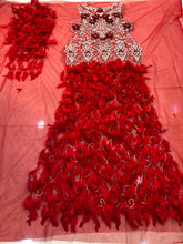 Load image into Gallery viewer, Red Designer Panelled Feather Gown
