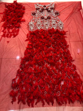 Load image into Gallery viewer, Red Designer Panelled Feather Gown