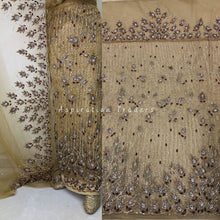 Load image into Gallery viewer, Opulent Champagne Gold Designer Net lace George Wrapper set - NLDG164