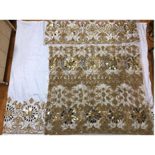 Load image into Gallery viewer, Elegant White and Gold Heavy Beaded Designer Net Lace George wrapper Set - NLDG165
