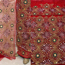 Load image into Gallery viewer, Radiant Red Heavy Beaded Designer Net Lace George wrapper Set - NLDG180