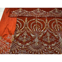 Load image into Gallery viewer, Warm toned Burnt Orange Heavy Beaded Designer Net Lace George wrapper Set - NLDG185