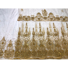 Load image into Gallery viewer, Elegant White and Gold Heavy Beaded Designer Net Lace George wrapper Set - NLDG186