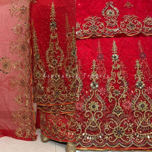 Load image into Gallery viewer, Elegant White and Gold Heavy Beaded Designer Net Lace George wrapper Set - NLDG186