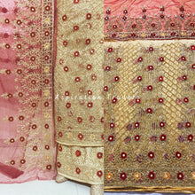 Load image into Gallery viewer, Champagne Gold Designer Net lace George Wrapper with contrast Wine colored blouse - NLDG205