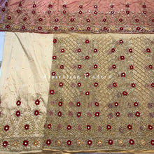 Load image into Gallery viewer, Champagne Gold Designer Net lace George Wrapper with contrast Wine colored blouse - NLDG205