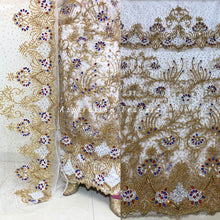 Load image into Gallery viewer, Oppulent White and Gold Heavy Beaded Designer Net Lace George wrapper Set - NLDG211