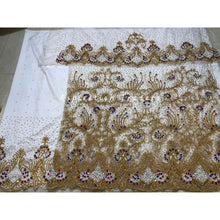 Load image into Gallery viewer, Oppulent White and Gold Heavy Beaded Designer Net Lace George wrapper Set - NLDG211