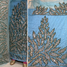 Load image into Gallery viewer, Fresh Sky Blue George with Green stone & Mirror work Net lace Wrapper Set NLDG224