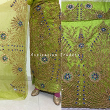 Load image into Gallery viewer, Stunning Lemon Green Heavy Beaded NET George Wrapper set with blouse - NLDG225