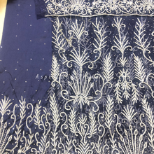 Load image into Gallery viewer, Bold Navy Blue Net Lace Designer George With Silver Beaded Work Set - NLDG227