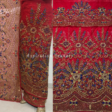 Load image into Gallery viewer, Iconic Red with Multi Colour Crystal Stone with Gold Beaded George Wrapper Designer set - NLDG237