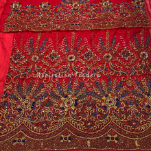 Load image into Gallery viewer, Iconic Red with Multi Colour Crystal Stone with Gold Beaded George Wrapper Designer set - NLDG237