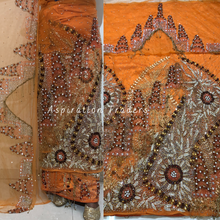 Load image into Gallery viewer, Jazzy Orange with Heavy Roxy stone & Golden Fringes Designer George wrapper set - NLDG240