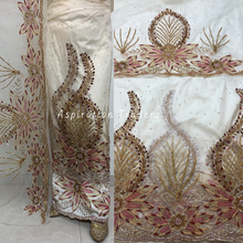 Load image into Gallery viewer, Enhancing Off White/Cream Net Lace Hand Beaded Multi color Stone Work George Wrapper set - NLDG242