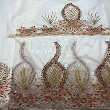 Load image into Gallery viewer, Enhancing Off White/Cream Net Lace Hand Beaded Multi color Stone Work George Wrapper set - NLDG242