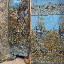 Load image into Gallery viewer, Fresh Sky Blue Gold Stone Beaded with Navy Blue Bling Work George Wrapper Set with Blouse - NLDG243