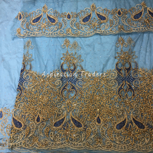 Load image into Gallery viewer, Fresh Sky Blue Gold Stone Beaded with Navy Blue Bling Work George Wrapper Set with Blouse - NLDG243