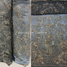 Load image into Gallery viewer, Exclusive Grey Heavy Stone Work With Black Contrast Blouse Net Lace George Wrapper Set- NLDG245