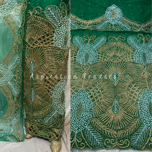 Load image into Gallery viewer, Elegant Green with Gold Beaded Lacer Cut Work George Wrapper Set- NLDG246