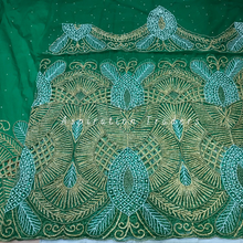 Load image into Gallery viewer, Elegant Green with Gold Beaded Lacer Cut Work George Wrapper Set- NLDG246
