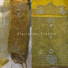 Load image into Gallery viewer, Flaming Yellow With Heavy Gold & Silver Beaded Lace Cut Work George Wrapper Set- NLDG248