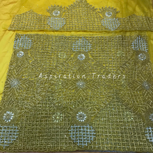 Load image into Gallery viewer, Flaming Yellow With Heavy Gold & Silver Beaded Lace Cut Work George Wrapper Set- NLDG248