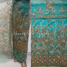 Load image into Gallery viewer, Magestic Navy Blue Pearl Work With Gold Beaded Net Lace George Wrapper Set with Blouse- NLDG250