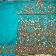 Load image into Gallery viewer, Magestic Navy Blue Pearl Work With Gold Beaded Net Lace George Wrapper Set with Blouse- NLDG250