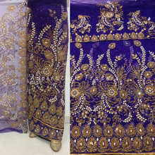 Load image into Gallery viewer, Magestic Navy Blue Pearl Work With Gold Beaded Net Lace George Wrapper Set with Blouse- NLDG250