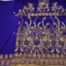 Load image into Gallery viewer, Magestic Navy Blue Pearl Work With Gold Beaded Net Lace George Wrapper Set with Blouse- NLDG250