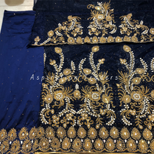 Load image into Gallery viewer, Magestic Navy Blue Pearl Work With Gold Beaded Net Lace George Wrapper Set with Blouse- NLDG250