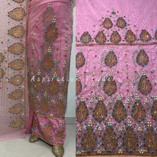 Load image into Gallery viewer, Warm Pink crystal stone Beaded with Gold Fringes Net Lace George Wrapper - NLDG251