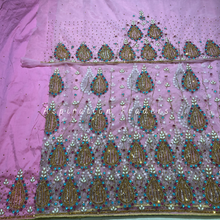 Load image into Gallery viewer, Warm Pink crystal stone Beaded with Gold Fringes Net Lace George Wrapper - NLDG251