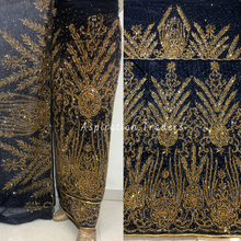 Load image into Gallery viewer, Admiral Navy Blue Heavy Shiny Gold Beaded Designer George Wrapper Set- NLDG255