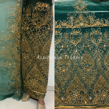Load image into Gallery viewer, Sober Teal Green Handcrafted Gold Stone Beaded Net Lace George Wrapper Set - NLDG256