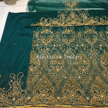 Load image into Gallery viewer, Sober Teal Green Handcrafted Gold Stone Beaded Net Lace George Wrapper Set - NLDG256