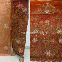 Load image into Gallery viewer, Unique Burnt Orange Gold Beaded With Bling Flower Work Designer George Wrapper Set- NLDG257