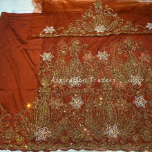 Load image into Gallery viewer, Unique Burnt Orange Gold Beaded With Bling Flower Work Designer George Wrapper Set- NLDG257