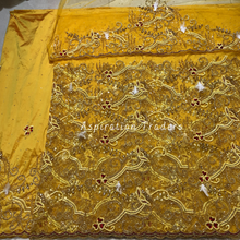 Load image into Gallery viewer, Modest Mango Gold George with Sequin Gold Beaded & Feather Work Wrapper Set- NLDG259
