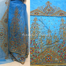 Load image into Gallery viewer, Alluring Sky Blue Crystal Stone Beaded Designer Net Lace George Wrapper Set- NLDG260