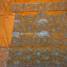 Load image into Gallery viewer, Fresh Orange Heavy Crystal Stone Beaded Designer Net Lace George Wrapper Set- NLDG263