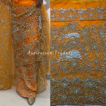 Load image into Gallery viewer, Fresh Orange Heavy Crystal Stone Beaded Designer Net Lace George Wrapper Set- NLDG263